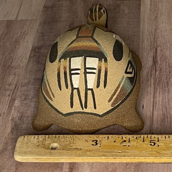 Vtg 80s Native Sand Art Painting Turtle Tortoise w Yei Figure Southwest 6” L - Picture 15 of 16